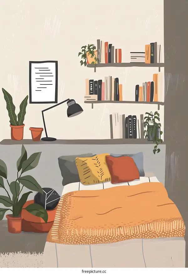 Cozy Bedroom Interior Illustration with Bookshelves and Plants