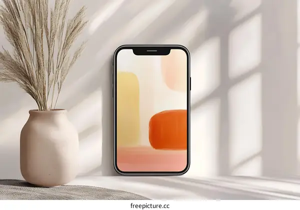 Minimalist Phone Mockup With Abstract Wallpaper And Dried Flowers