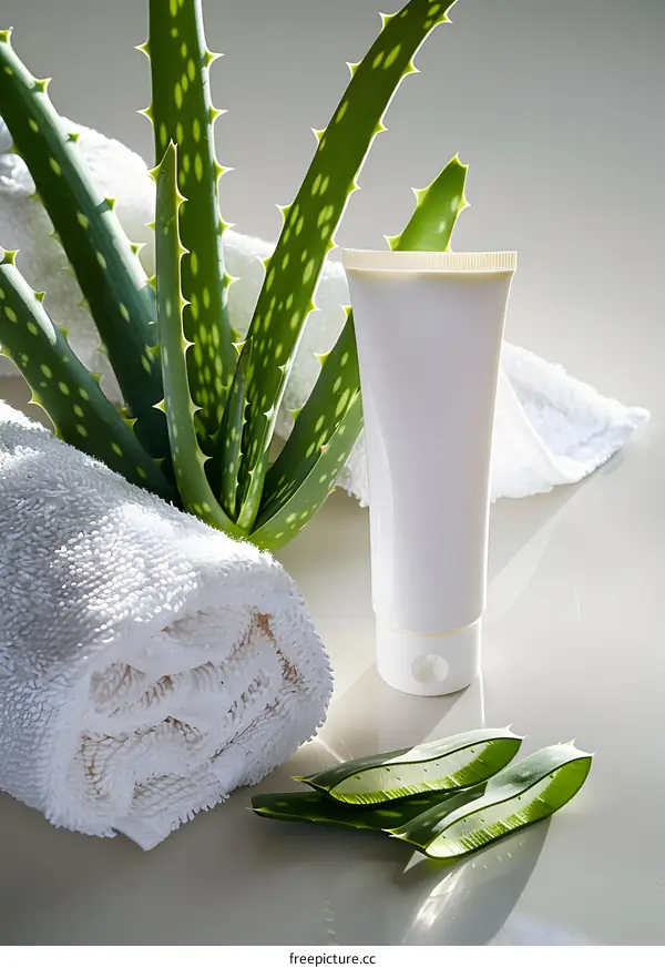 Aloe Vera Plant With Cream Tube And Towel