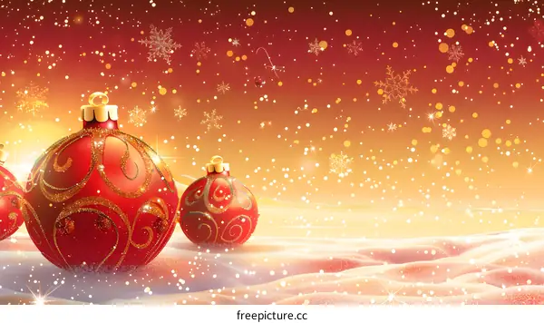 Red and gold Christmas ornaments on a snowy field with a warm glowing orange background.