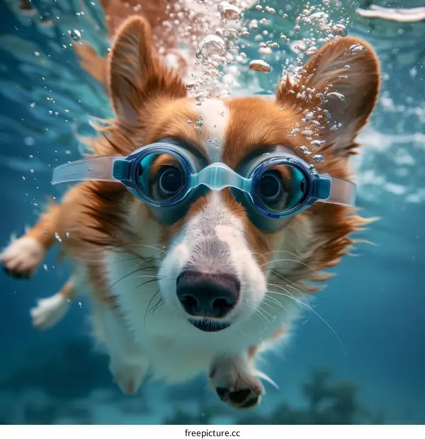 A cute corgi dog wearing swimming goggles swims underwater