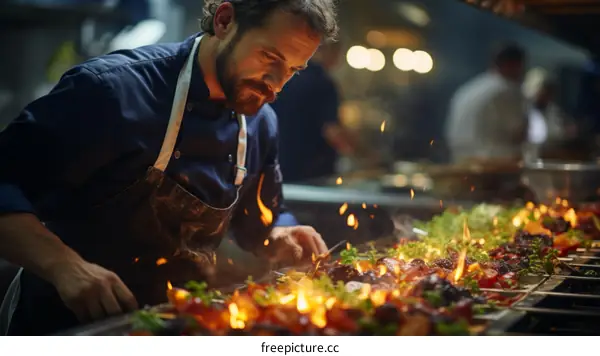 Chef cooking meat on a grill