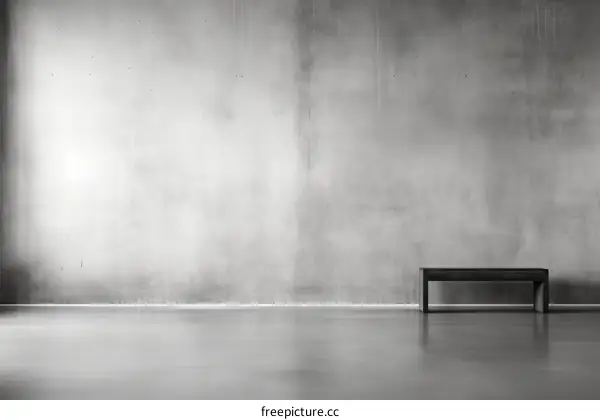Black bench in front of a grey concrete wall