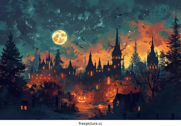 Spooky Halloween Castle with Full Moon and Bats