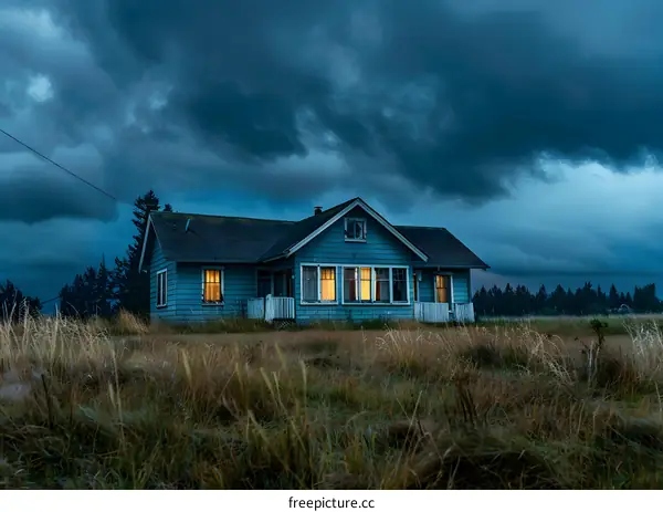 Blue House Under a Dramatic Sky