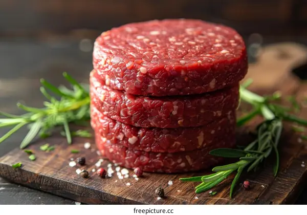 Raw hamburger patties with rosemary and spices on a wooden board