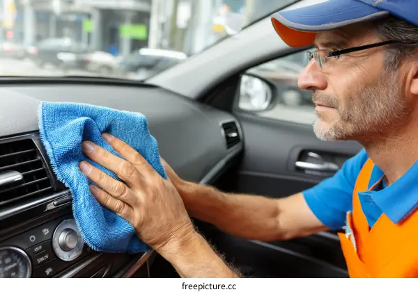 Car Interior Cleaning by a Worker