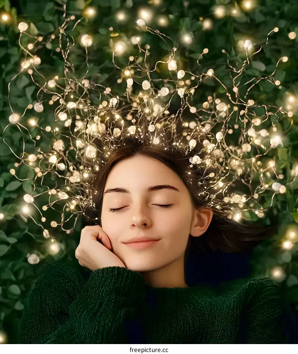 Woman with Fairy Lights in Her Hair Sleeping on Green Grass