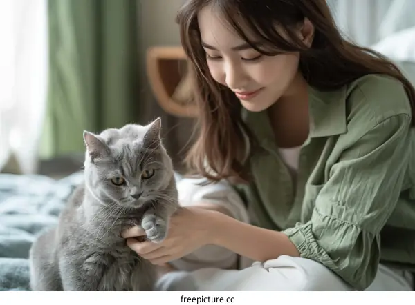 A young woman is sitting on a bed and petting a gray cat.