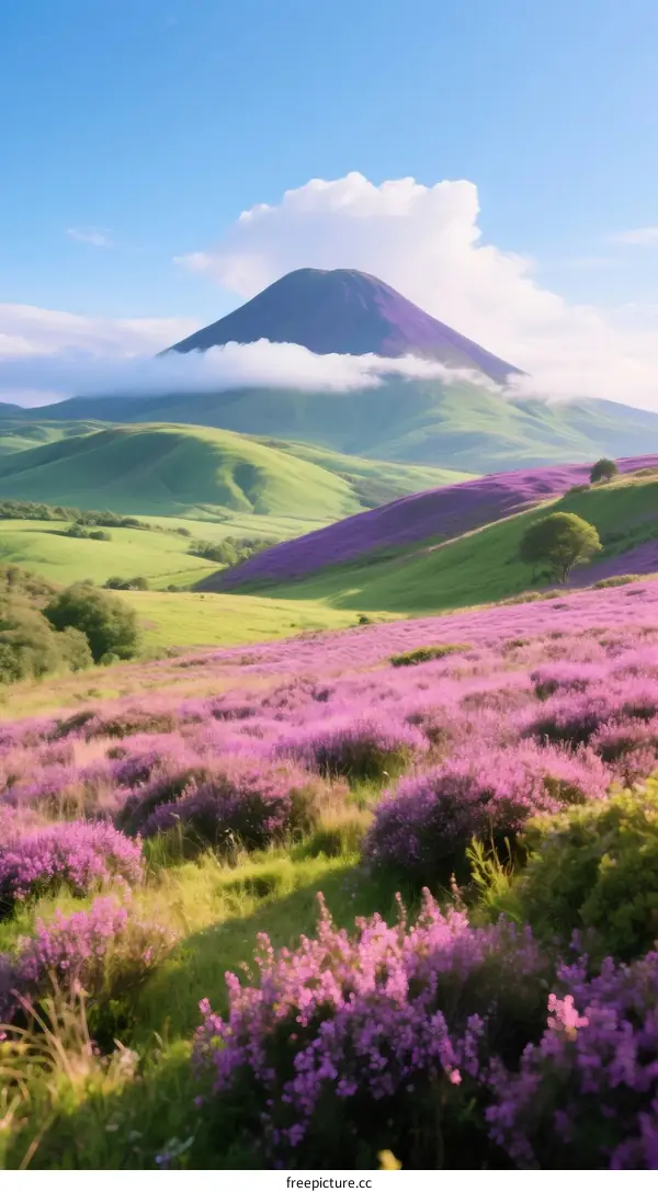 Beautiful Purple Heather Field with Green Hills and Mountain Background