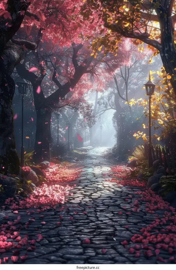Enchanted Forest Path with Pink Blossoms