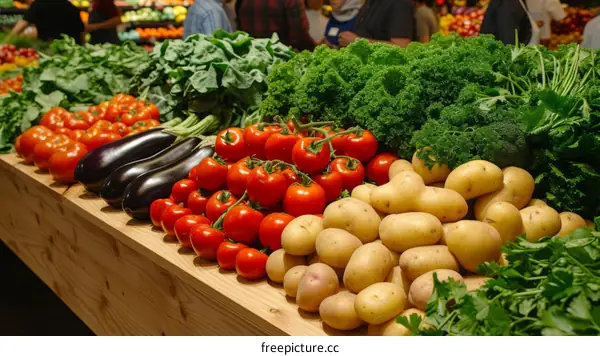 Fresh vegetables and fruits on a wooden table at a farmers market