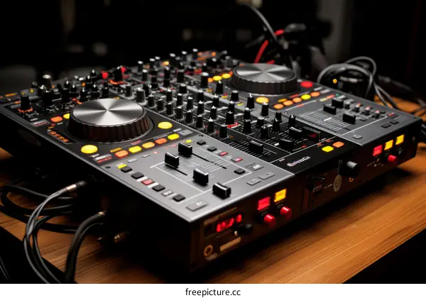 Black and silver DJ mixer with a lot of buttons and knobs