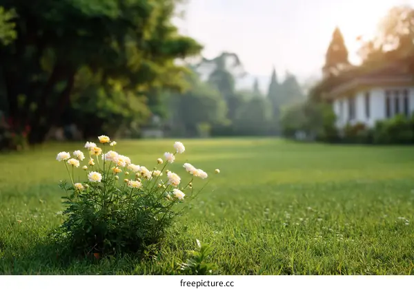 A Peaceful Garden Scene with House in the Background