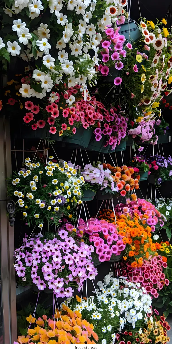 Colorful Hanging Flower Baskets in a Garden Center