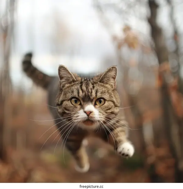 A cat is running in the forest
