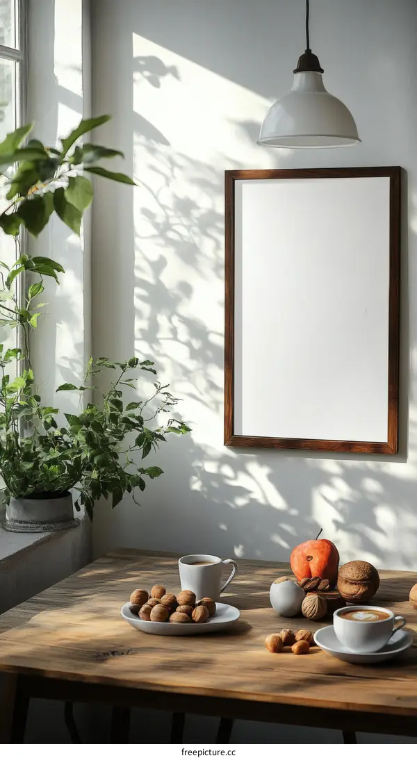 Cozy Interior Scene with Empty Frame and Coffee