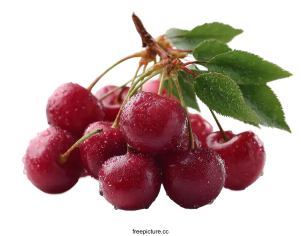 [Transparent Background PNG]Fresh Cherries with Dewdrops on Branch