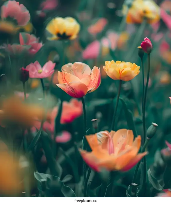 Close Up Of Orange And Yellow Tulips In A Garden