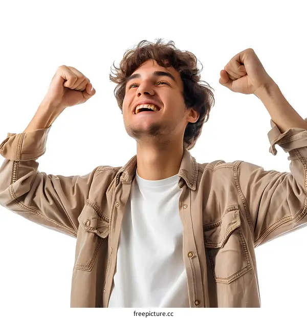 Happy Caucasian Man in Brown Shirt Celebrating