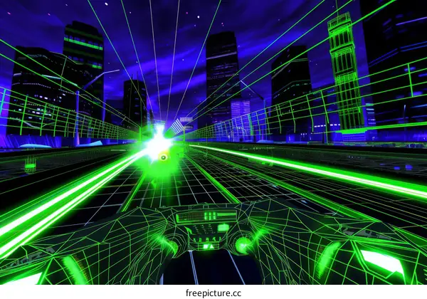 A futuristic illustration of a car racing through a city at night