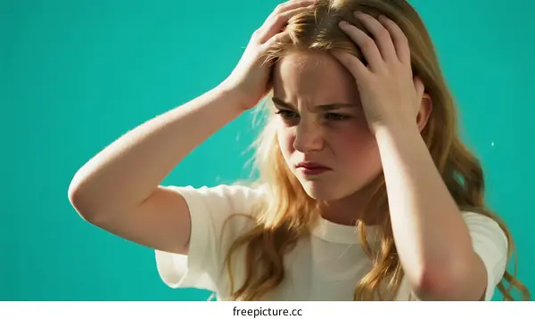 Stressed Young Girl Holding Head with Frown Expression