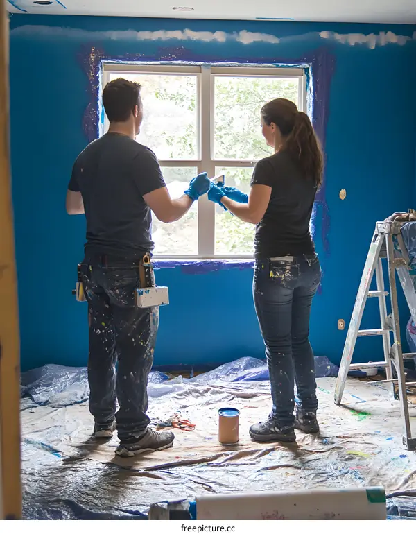Couple Painting a Room Together with Blue Paint