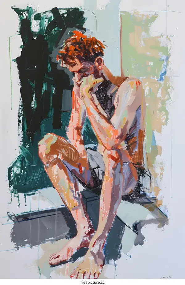 Male Figure Sitting On A Bench With Green Background