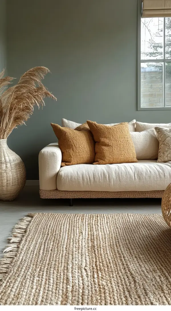 Beige Rug in Modern Living Room with Mustard Accents