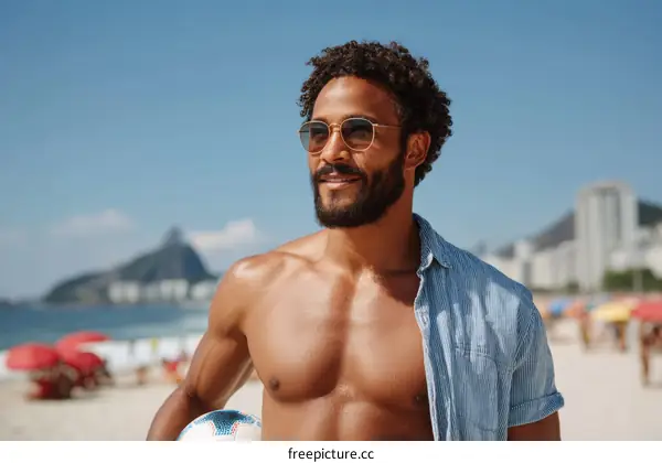 Man holding soccer ball on beach in Rio de Janeiro