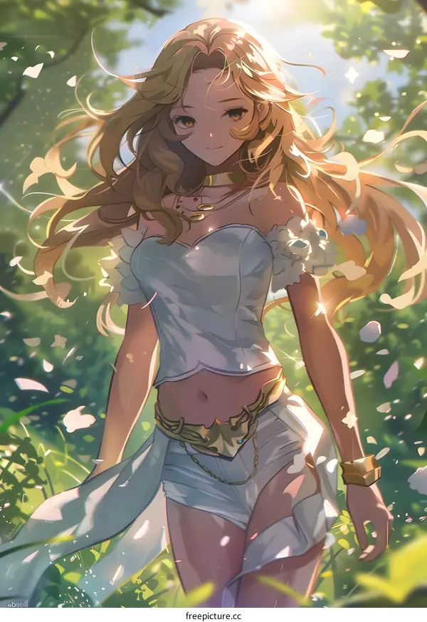 Blonde Woman with Flowers in Her Hair Standing in a Forest