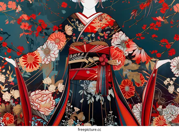 A woman wearing a kimono with a floral pattern