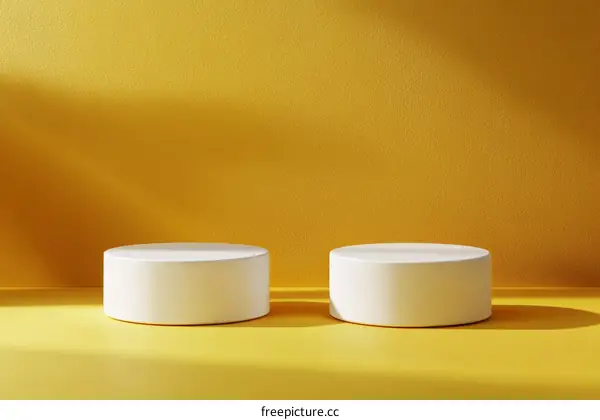 Modern Minimalist White Cylindrical Product Display Platforms on Yellow Background