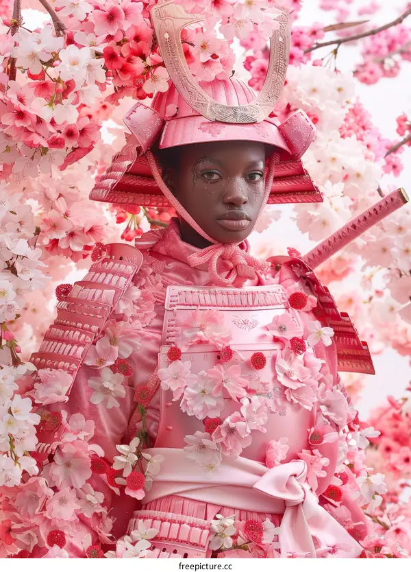 Pink Samurai Warrior Amidst Cherry Blossoms