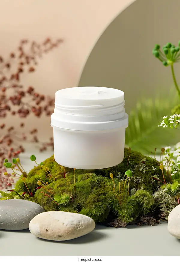 White Cream Jar On Moss and Stones