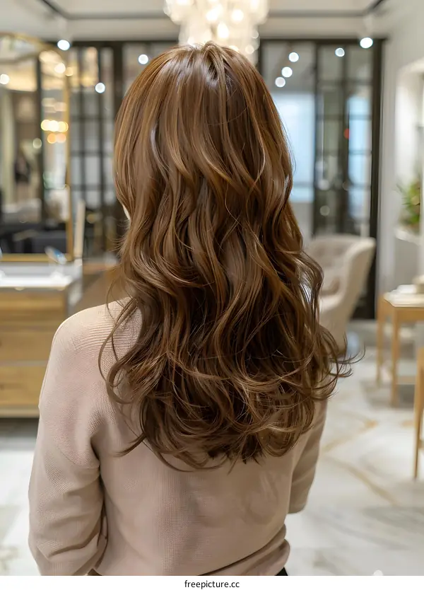 back view of a woman with long brown hair