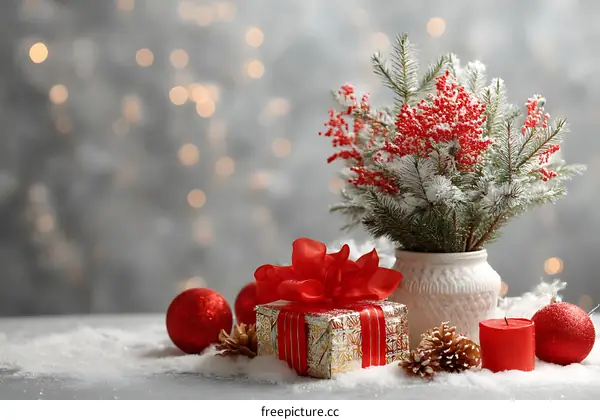 Christmas Festive Decoration with Gift Box and Greenery