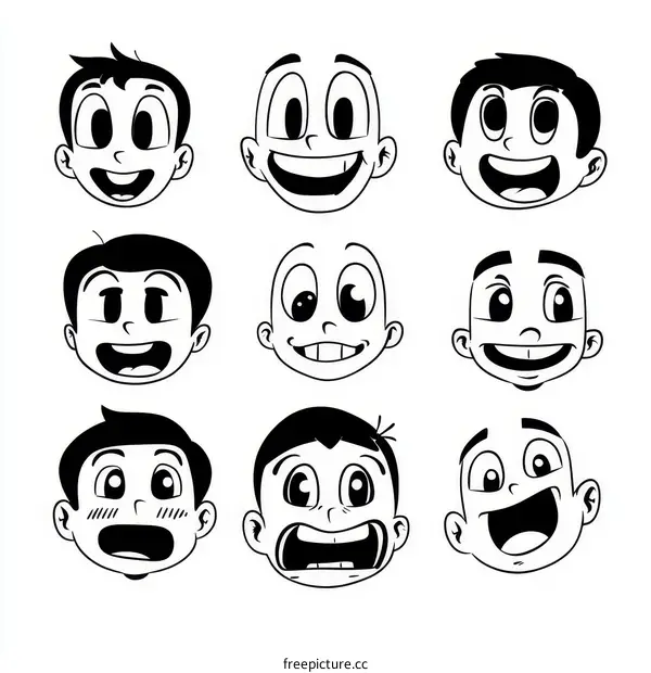 Collection of Cartoon Boy Faces with Various Expressions