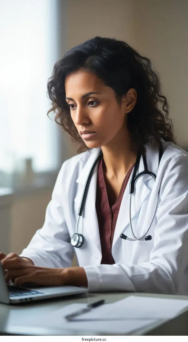 A female doctor is sitting at her desk and using laptop.
