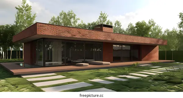 Modern Brick House with Glass Windows and Patio