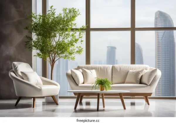 White sofa and armchair in modern living room with big windows