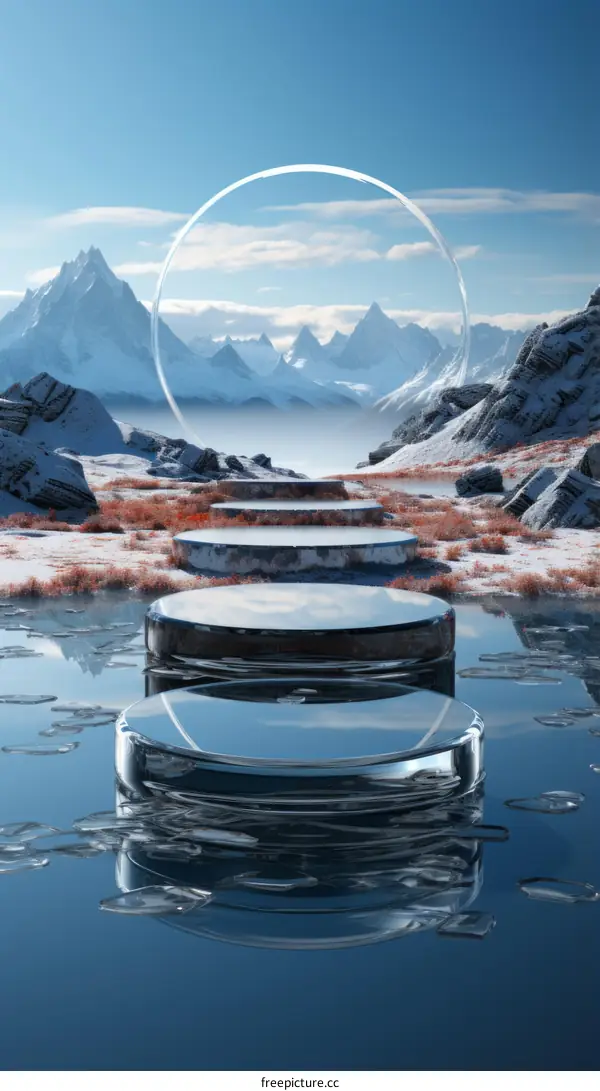 3D rendering of a glass podium in a snowy mountain landscape with a lake