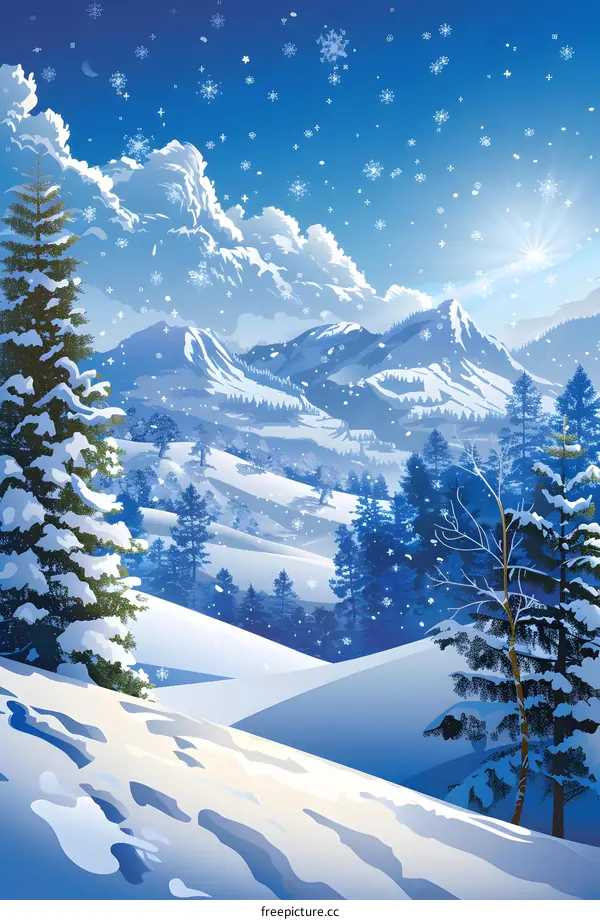 Winter Landscape with Snow Covered Mountains and Pine Trees