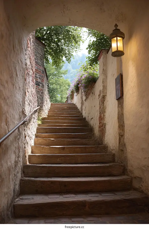 Ancient Wooden Stairs Through a Stone Archway