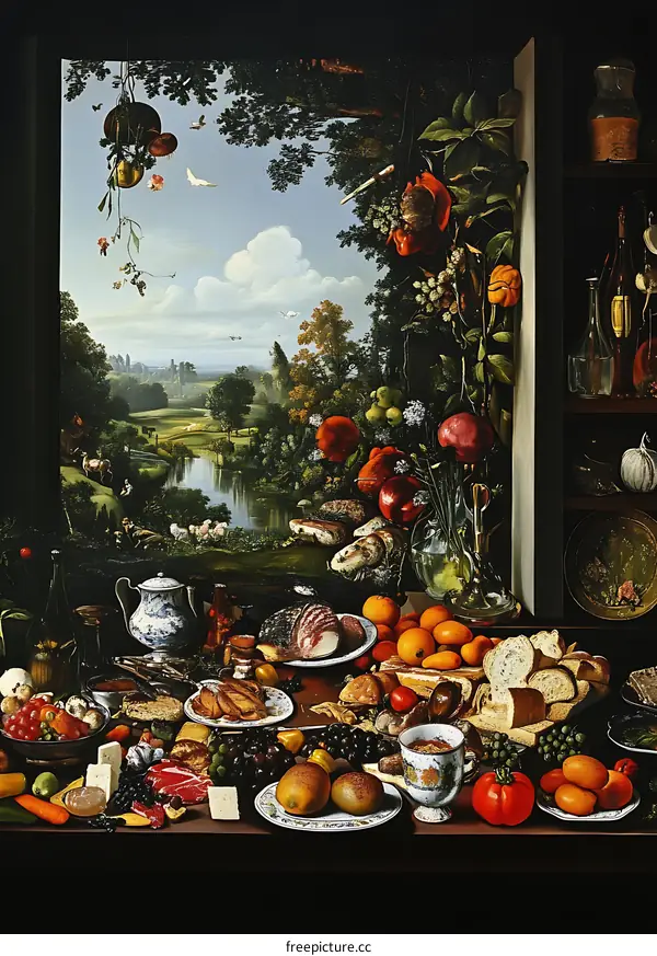 Still Life with Window View of a River and Rural Landscape