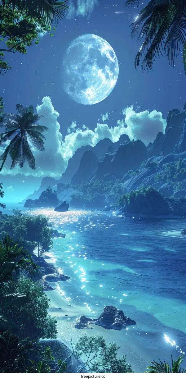 Fantasy Landscape with Blue Moon and Palm Trees