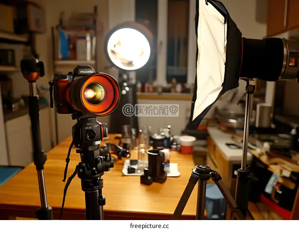 Camera Lens with Orange Ring on Tripod