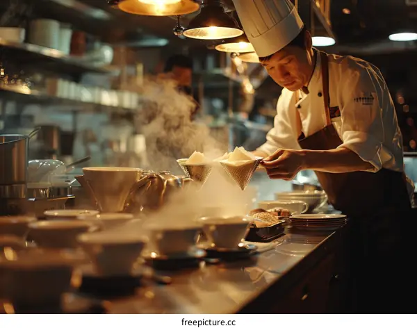 An Asian chef is making coffee in a restaurant kitchen.