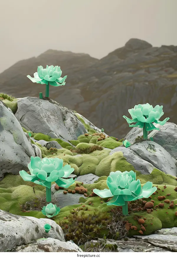 Abstract Green Flowers in a Rocky Landscape