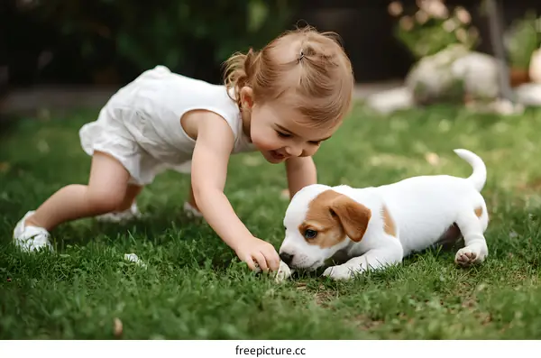 Little Girl Playing with Puppy in Grass